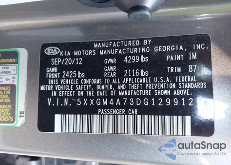 2013 Kia Optima Lx из США, поврежденный, VIN 5XXGM4A73DG129912